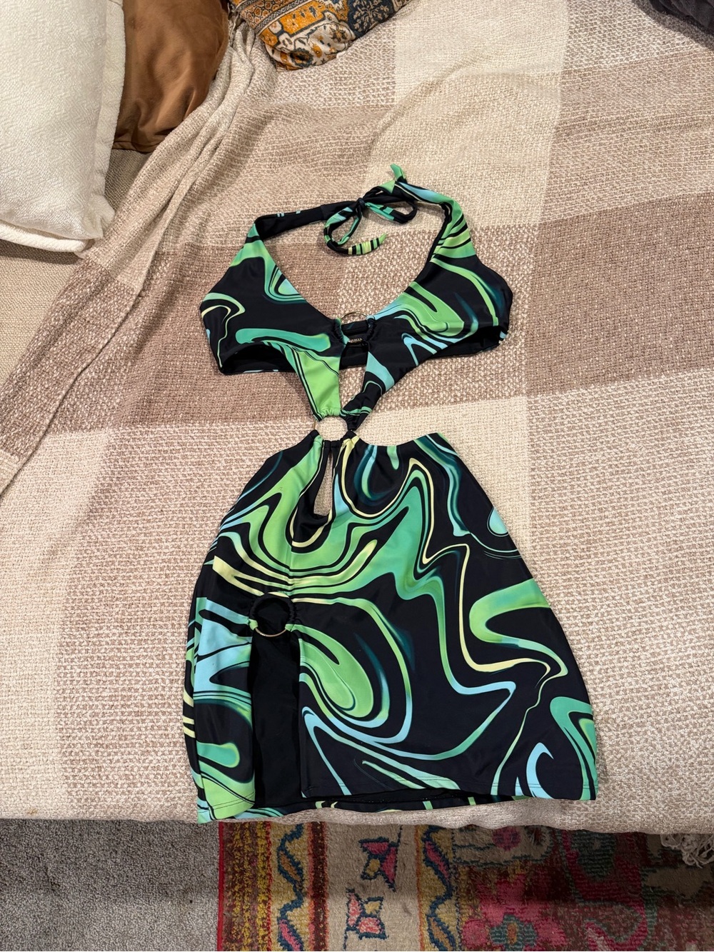 White Fox Boutique Black Green Swirl Cutout Mini Dress - Picture 2 of 3